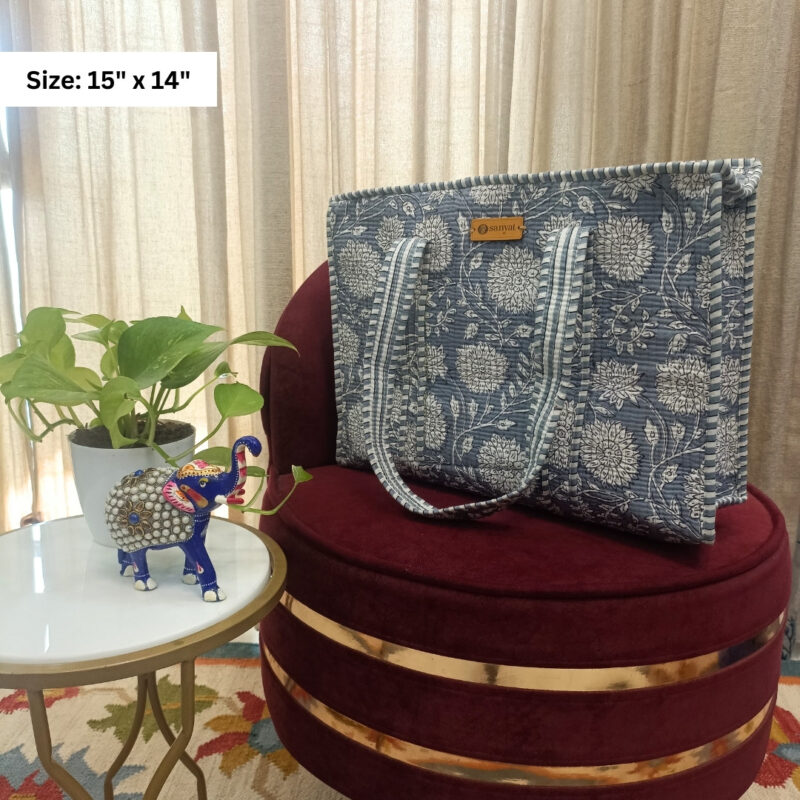Quilted Tote Bag Grey Floral - Medium