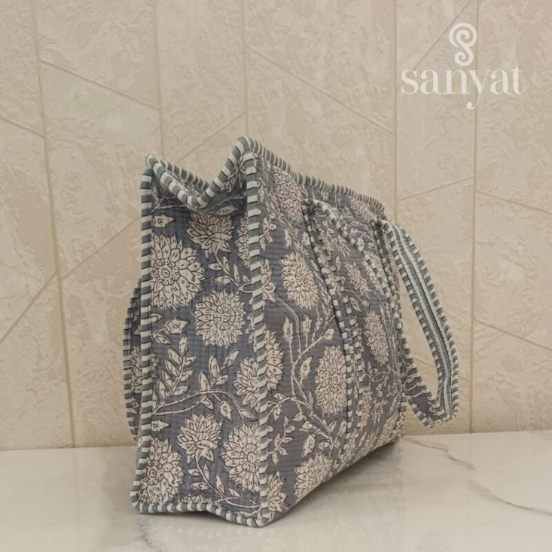 Quilted Tote Bag Grey Floral - Medium - Image 2