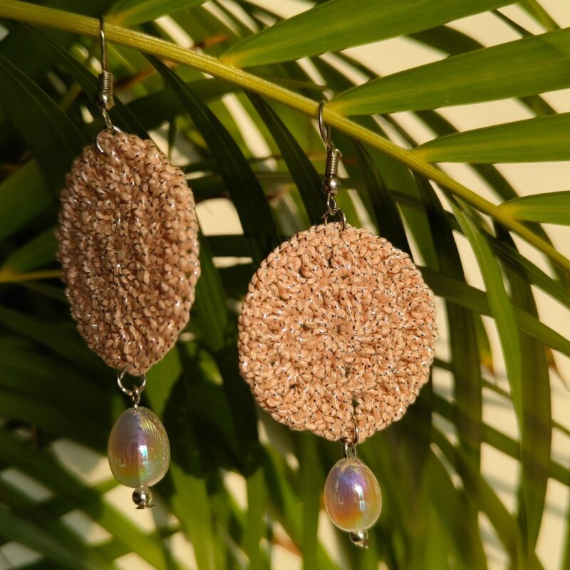 Golden Circle Crochet Earrings with Long Pearl