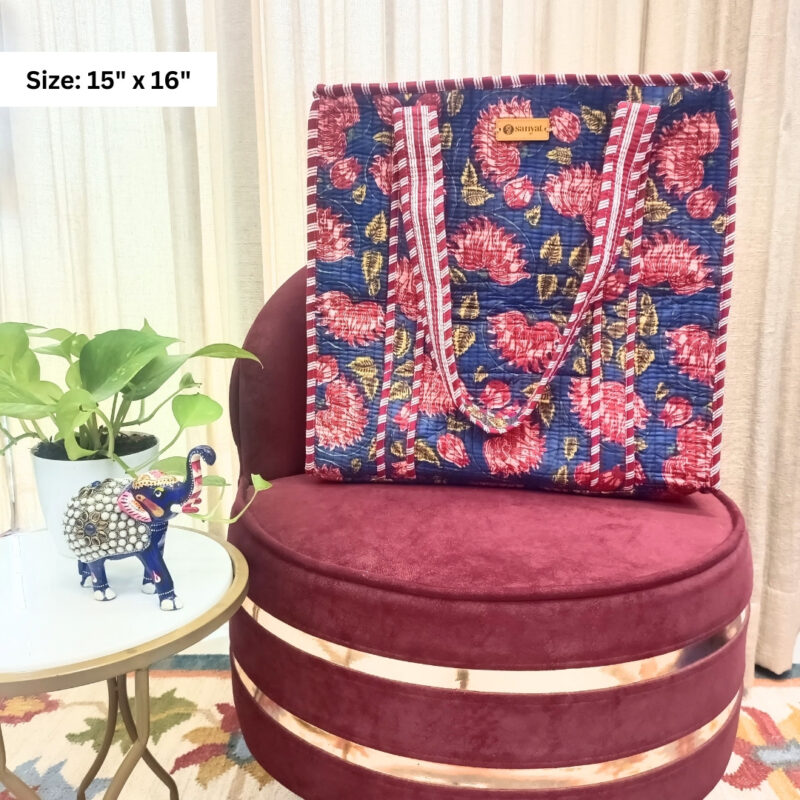Quilted Tote Navy Blue with Red Flowers - 15" x 16"