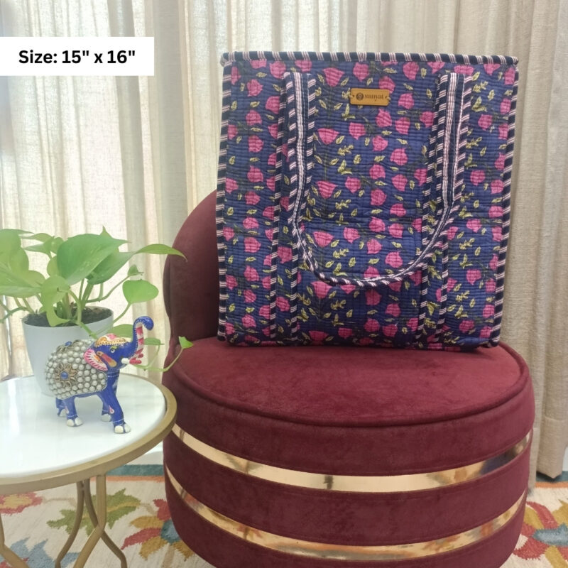Quilted Tote Navy Dark Blue Floral - 15" x 16"